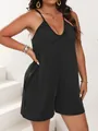 Detail view of plus size black deep V-neck romper with gathered front and pockets - 0XL / Top And Bottom / Black