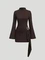 Close-up detail of textured knit fabric and gold metal buckle on a brown mini dress - S / Top And Bottom / Chestnut