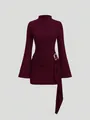Burgundy textured knit mini dress with flared sleeves and a gold metallic buckle detail. - XL / Top And Bottom / Burgundy