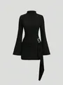 Detail view of black textured knit bodycon mini dress featuring a gold metal buckle - S / Top And Bottom / Black