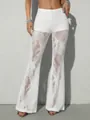 Detailed view of white floral lace flared pants with a sexy see-through design - S / Bottoms / White