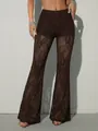 A high-quality detailed view of brown floral lace see-through flare pants for women's fashion - S / Bottoms / Coffee