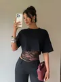 Sexy black short sleeve crop top with lace patchwork and hollow out waist design - S / Tops / Black