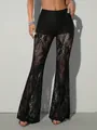 Sexy high-waisted black lace flare pants with sheer floral pattern for women fashion - S / Bottoms / Black