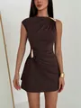 Detail of brown ruched bodycon dress featuring elegant gold-tone metal buckle accents - L / Top And Bottom / Coffee