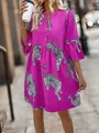 Elegant magenta mini dress featuring a bold leopard print and stylish flare sleeves. - S / Top And Bottom / Rose Red