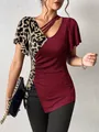 Detail of leopard print patchwork top with asymmetrical neck and butterfly sleeves - S / Tops / Burgundy