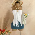 White double-layer mesh halter tube top with irregular swallowtail hem on mannequin - S / Tops / White