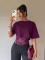 Close-up detail of sexy purple crop top with lace splice and slim fit summer design - S / Tops / Purple