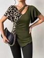 Trendy asymmetrical leopard print patchwork top with butterfly sleeves in olive green. - S / Tops / Army Green