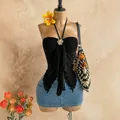 Summer black double-layer mesh halter tube top with irregular swallowtail hem design - S / Tops / Black