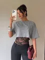 Women's sexy grey crop t-shirt with black lace patchwork layering - Gray