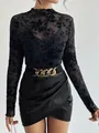 Elegant black floral mesh mock neck top paired with a stylish black leather wrap skirt - S / Tops / Black
