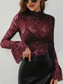 Close-up of burgundy paisley lace top with elegant high neck and bell sleeves - Burgundy