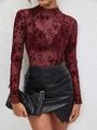 Elegant burgundy floral mesh long-sleeve mock neck top with delicate flower pattern - XS / Tops / Burgundy