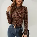 Sexy leopard print mesh long sleeve top with high neck for women - S / Tops / Dark Brown Leopard