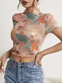 Elegante camiseta de malla estampada para mujer con cuello alto y bordes rizados suaves. - S / Tops / Estampado Abstracto Naranja-Verde