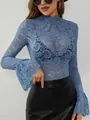 Women's blue paisley lace top with long bell sleeves and mock neck slim fit - Pale Blue