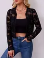 Detail view showing elegant black long-sleeved sheer lace cardigan jacket for women - S / Tops / Black