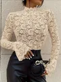 Elegant beige paisley lace slim-fit long sleeve top with stylish flared cuffs for women - S / Tops / Apricot