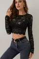 Elegante T-shirt corta a maniche lunghe in pizzo nero con sexy motivo floreale semitrasparente - Taglia S / Top / Nero