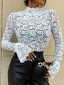 Elegant white paisley lace slim fit top with stylish flared bell sleeves and high neck. - S / Tops / White