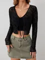 Top elegante de malla negra transparente de manga larga con flocado floral y lazo frontal - S / Tops / Negro