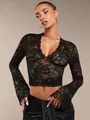 Sexy black sheer lace V-neck top with long flared sleeves for women fashion style - S / Tops / Black