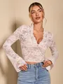 Elegant women's white floral lace V-neck top with stylish flared long sleeves, fall fashion. - S / Tops / White