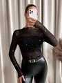 Detail of women's sheer mesh long sleeve top with sparkling rhinestone embellishments - S / Tops / Black