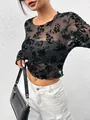 Stylish sexy black floral sheer mesh long sleeve t-shirt with a classic round neck - S / Tops / Black