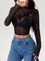 Women's black mesh long sleeve stand collar T-shirt with rhinestone embellishments - S / Tops / Black