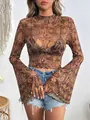 Stylish women's mesh long sleeve t-shirt with paisley print and retro flare sleeves - S / Tops / Brown