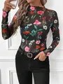 Camiseta sexy de malla negra con mangas largas para mujer y estampado floral vivo - S / Tops / Arcoíris