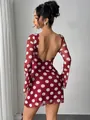 Sexy red polka dot mesh mini dress with deep open back and flared sleeves. - S / Red