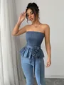 Elegant blue smocked tube top featuring a large 3D flower and peplum hem detail - S / Tops / Blue