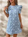 Vintage blue floral jacquard dress with puff sleeves and elegant round neck detail - S / Top And Bottom / Blue