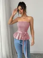 Elegant pink smocked tube top featuring a large 3D flower and waist tie, French style - S / Tops / Pink