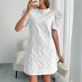 Elegant white puff sleeve mini dress with floral jacquard texture for retro summer style - S / Top And Bottom / White