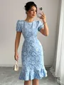 Elegant light blue floral embroidered slim-fit knee-length dress with ruffles - S / Sky Blue