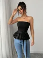 Elegant solid black strapless tube top with a large 3D flower and peplum waist detail - 2XL / Tops / Black