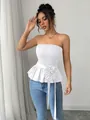 Elegant French style white tube top with smocked bodice and 3D flower peplum detail - 2XL / Tops / White