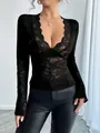 Elegant black lace long sleeve V-neck top with slimming fit for stylish women's fashion - S / Tops / Black