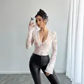 Sexy white lace V-neck long sleeve slim fit bodysuit top for elegant women - S / Tops / White