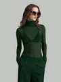 Elegant dark green sheer mesh turtleneck top with high collar detail and slim fit - S / Tops / Dark Green