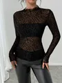 Elegante top da donna in mesh leopardato nero a maniche lunghe con collo alto - Taglia S / Top / leopardo nero