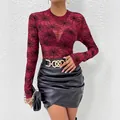 Sexy burgundy mesh long-sleeve top with spider web pattern for women - Burgundy
