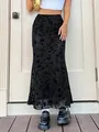 Elegant black floral flocked mermaid maxi skirt for women with casual vintage style - S / Bottoms / Black