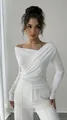 Elegant minimalist white long-sleeve top with asymmetric draped neckline for women. - S / Tops / White