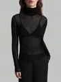 Slim-fit black sheer mesh long-sleeve top featuring a chic high turtleneck collar - S / Tops / Black